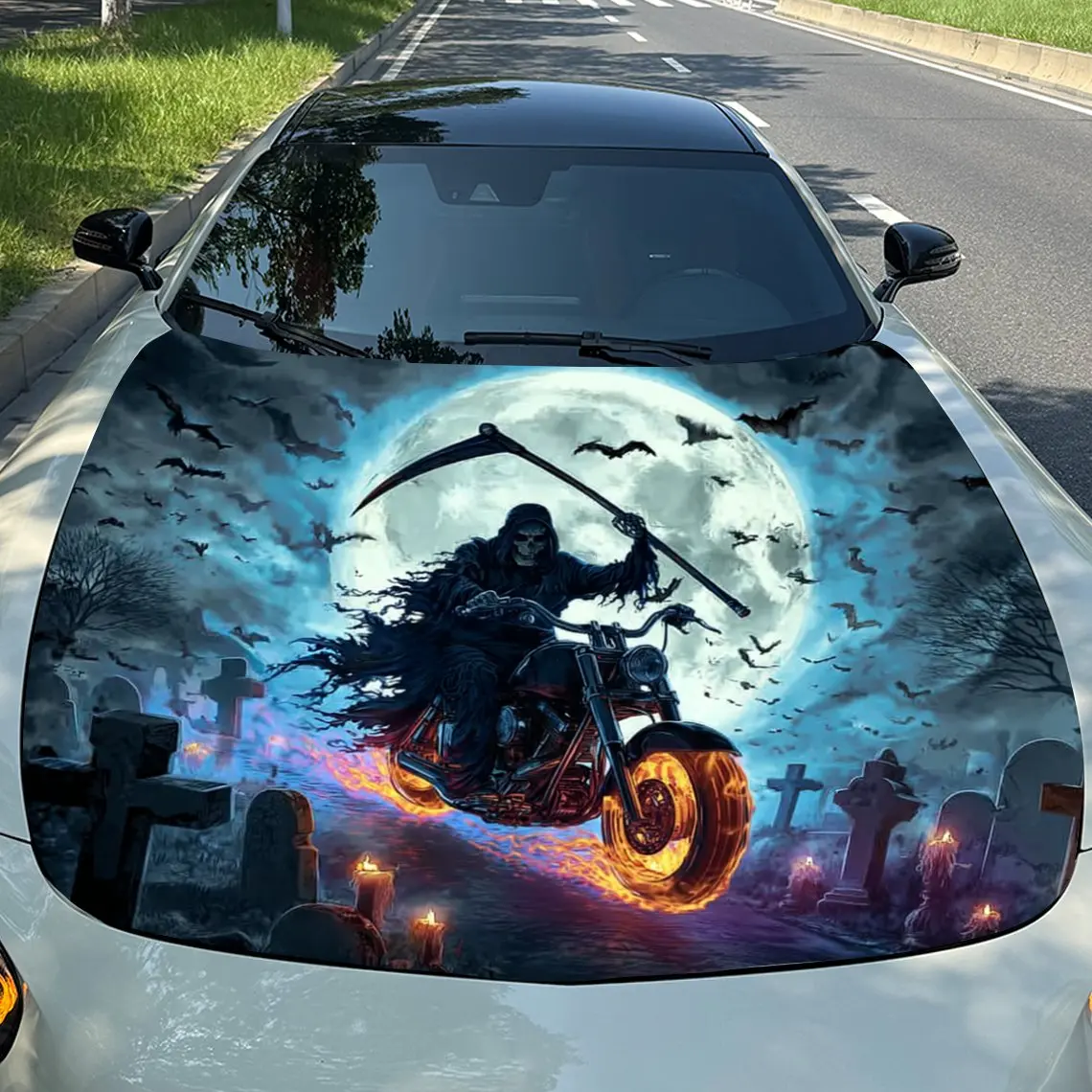 

Наклейка на капот автомобиля с пламенем на Хэллоуин, водонепроницаемая и износостойкая наклейка из ПВХ, подходит для грузовиков, внедорожников