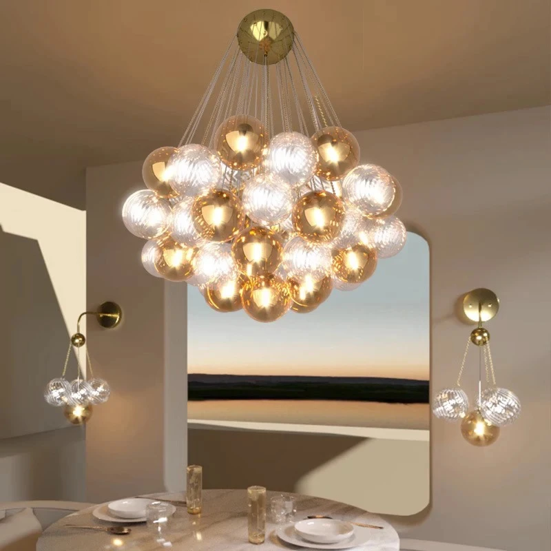 

2025Modern Colored Glass Multi Head LED Bedroom Pendant Light Home Decoration Living Room Ceiling Glass Ball Gloss Pendant Light