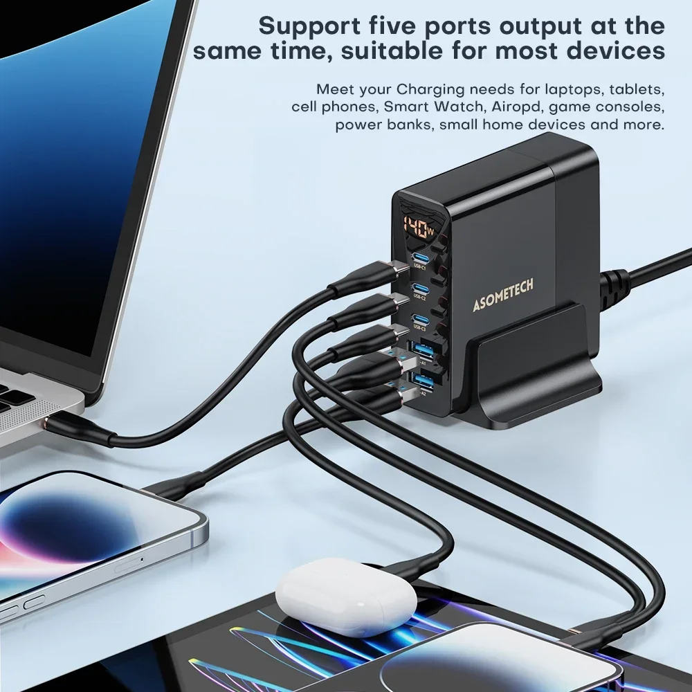 140W GaN USB Desktop Charger Five-port USB Type C Charging Charger for Macbook iPhone 14 13 Sasmusng S23 Ultra Xiaomi Huawei