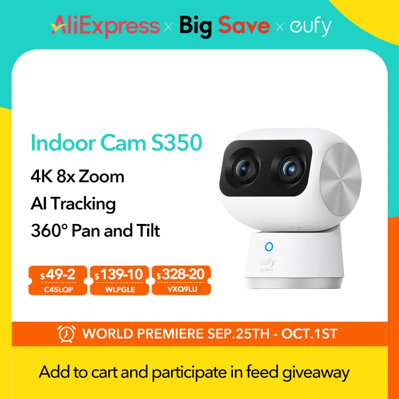 eufy Security Indoor Cam S350 Câmeras duplas 4K 8MP Resolução Câmera de segurança 8 × Zoom 360 °   Câmera de vigilância PTZ Human/Pet AI Wifi