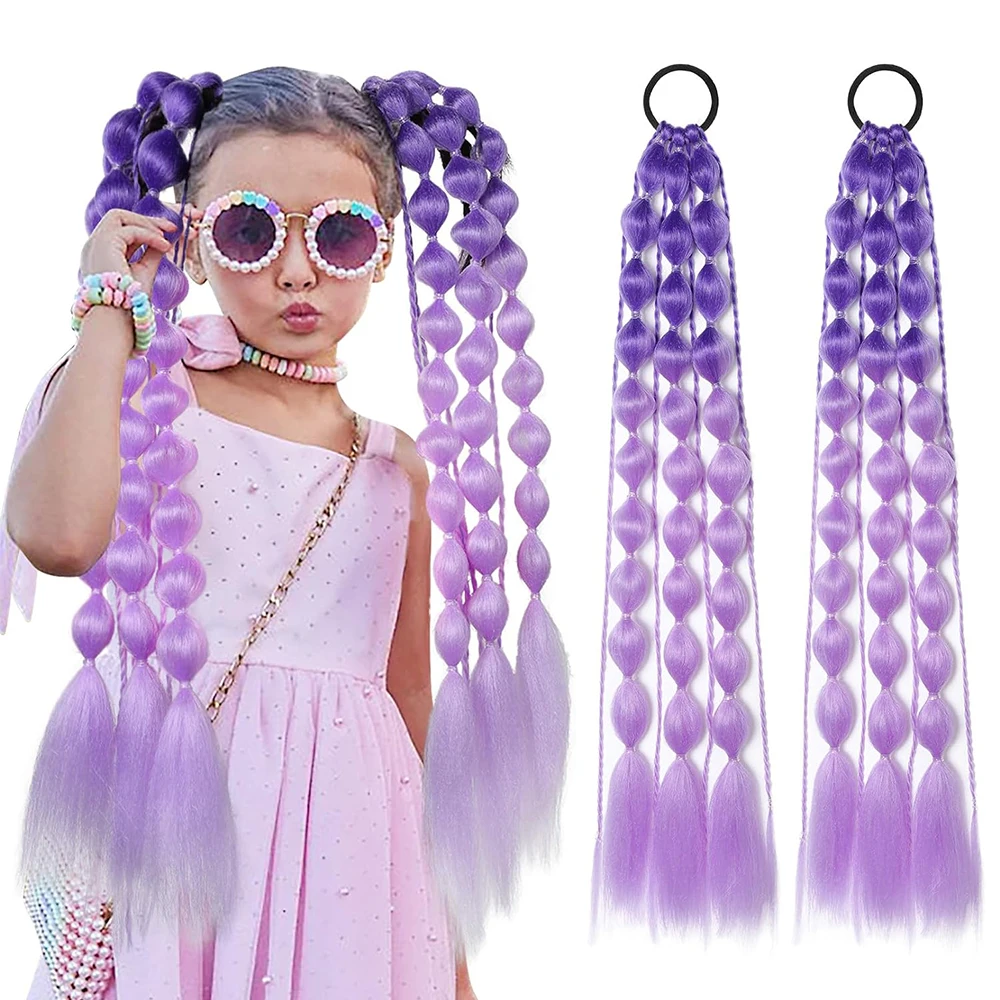 Sylhair Colored Hair Extensions Synthetic Corlorful Bubble Braid Ponytail Extension for Kids Girls 2Pcs Handmade Hairpiece