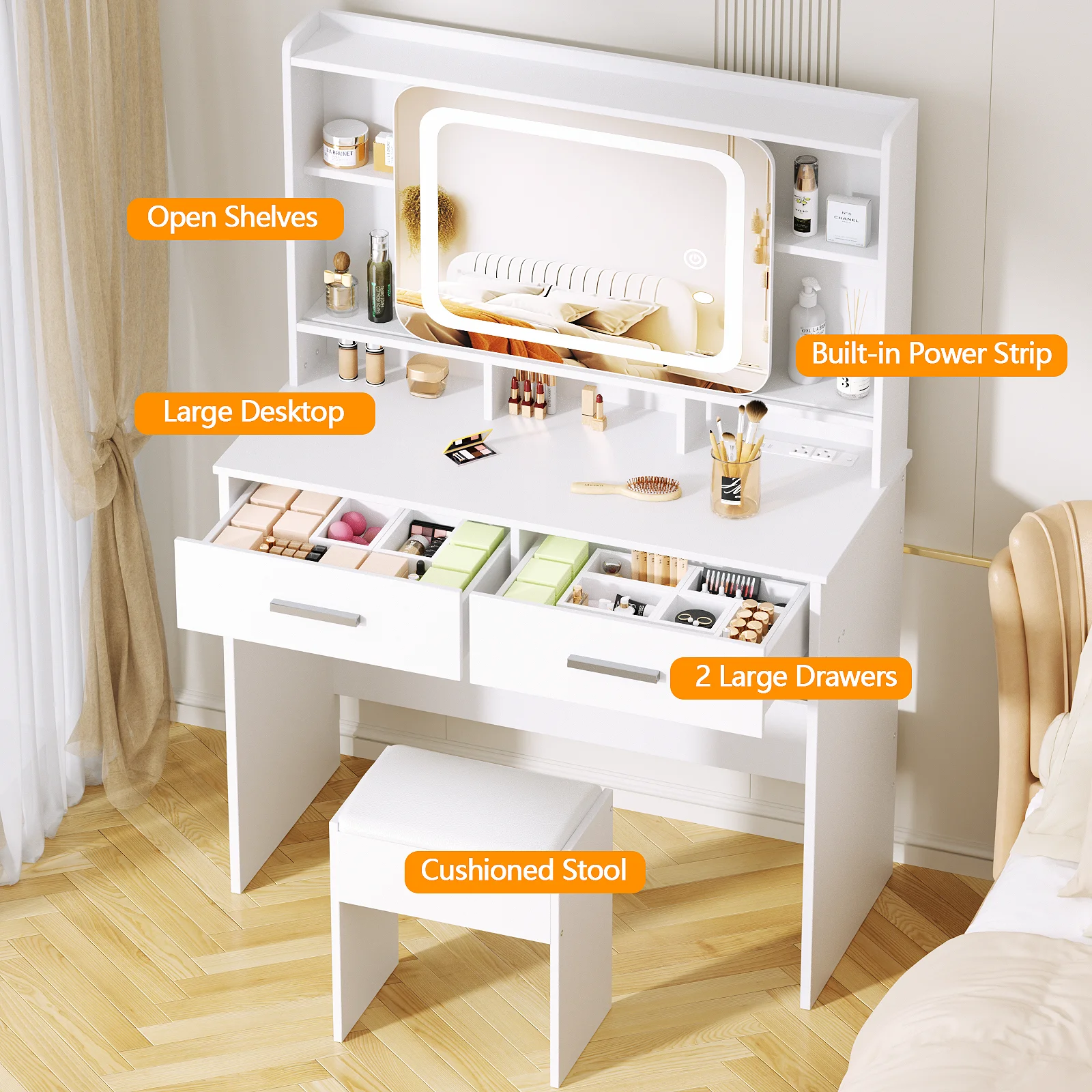 TAYAO White Vanity Desk with LED Lights Mirror Power Outlet and Chair 3 Lighting Modes 2 Drawers, 2 Shelves and Cushioned Stool image 2