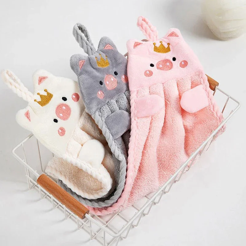 1PC Cute Crown Pig Hand Towel Coral Velvet Soft Absorbent Cloth Dishcloths Hanging Cloth Kitchen Bathroom Lazy Rag Wipe Towel