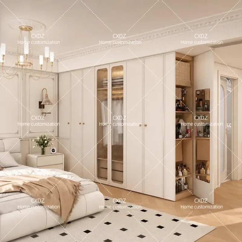 Cream Antique Style Whole Wall Wardrobe Bedroom Solid Wood Glass Door Custom Storage Cabinet for Small Apartment Household