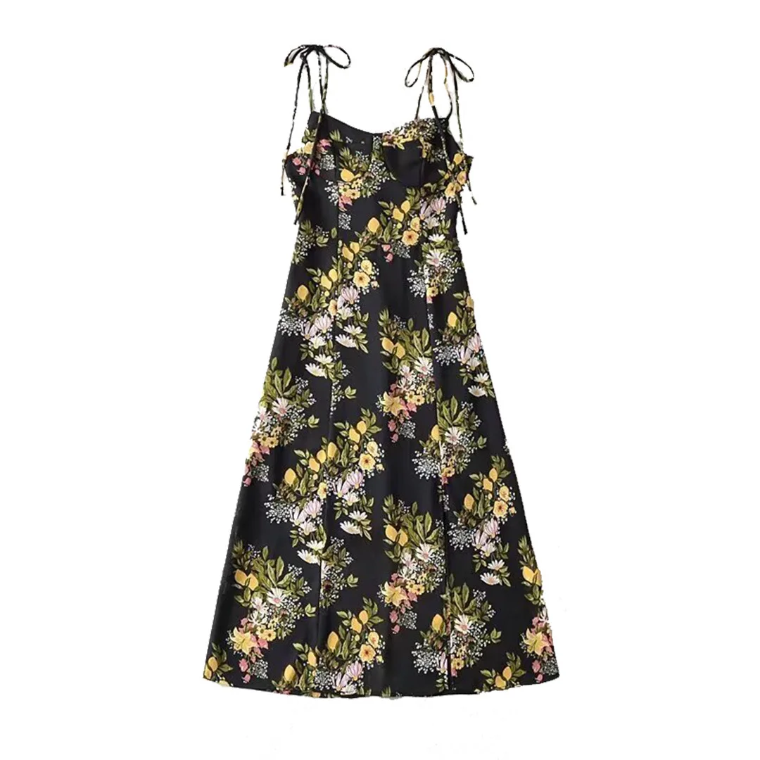 

Women's Elegant and Chic Floral Print Black Long Dress Ladies Strapless Spaghetti Straps High Waist Fashion Dress 2024 Summer