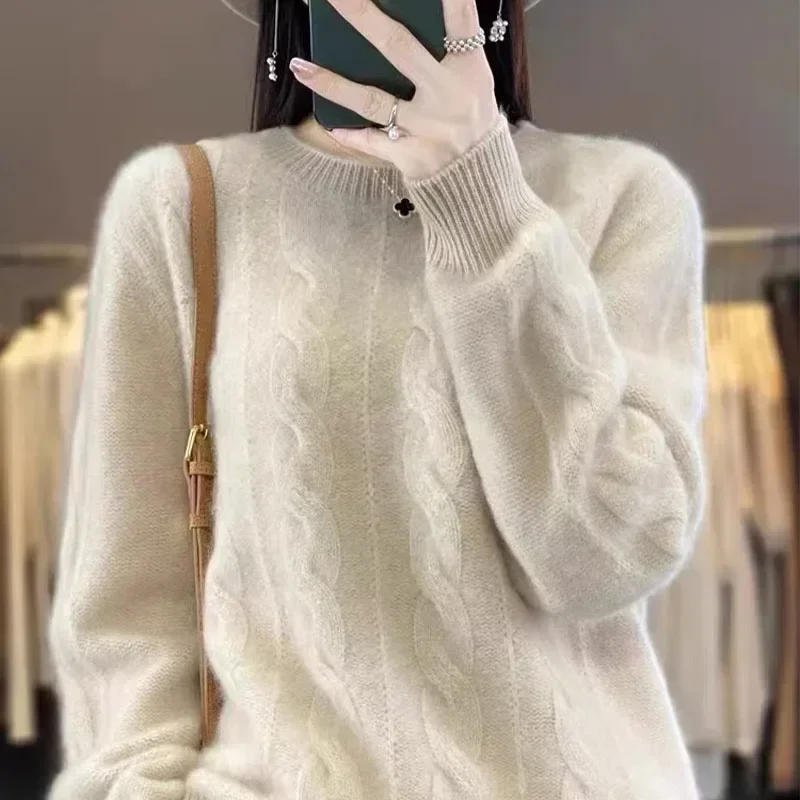 Fall/Winter Women\'s Sweater Pure Wool Round Neck Solid Color Loose Knitted Cashmere New Pullover Winter Clothes Women 2024