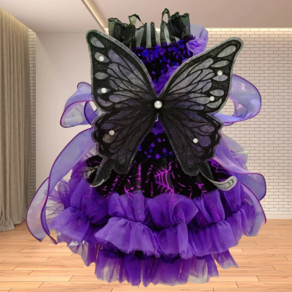 

Lavender Luxury Princess Dog Dress Handmade Chiffon Lace with Black Butterfly Wings for Chihuahua Pomeranian Puppy Wedding Party