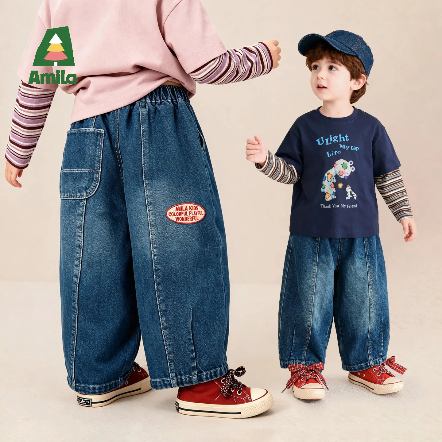 Amila 2026 Autumn New Kids Straight Leg Jeans American Trendy Casual Woven Label Detail Soft Daily Versatile Pants