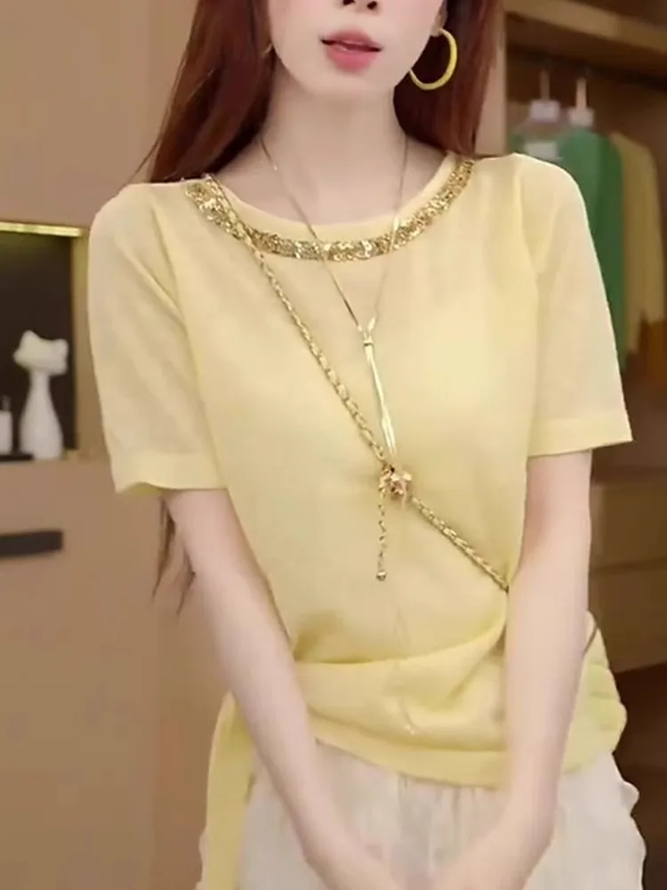 

Faionable round Ne Sequin Knitted Commute Sle Summer Breathable Lightweight Women's T-irt Casual Chic Top
