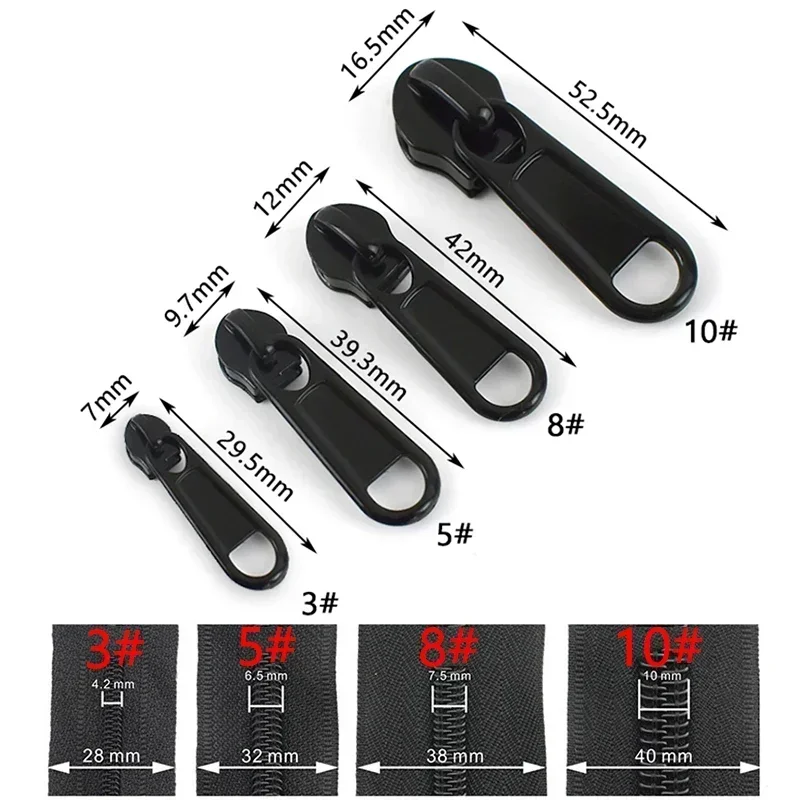 10Pcs 3# 5# 8# 10# Zipper Sliders for Nylon Zips Black Silver Zippers Slider Pull Luggage Zip Tape Puller Lock Head Accessories