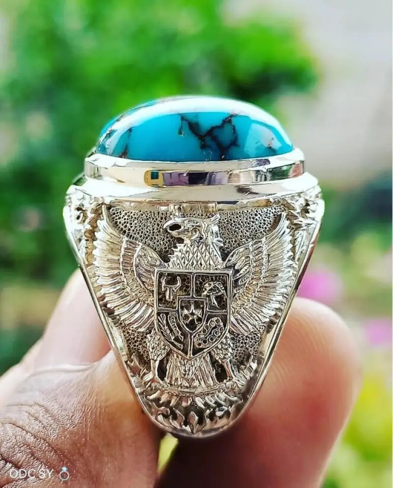 Vintage round ring with blue gemstone, silver, hand-engraved metal, punk eagle, jewelry