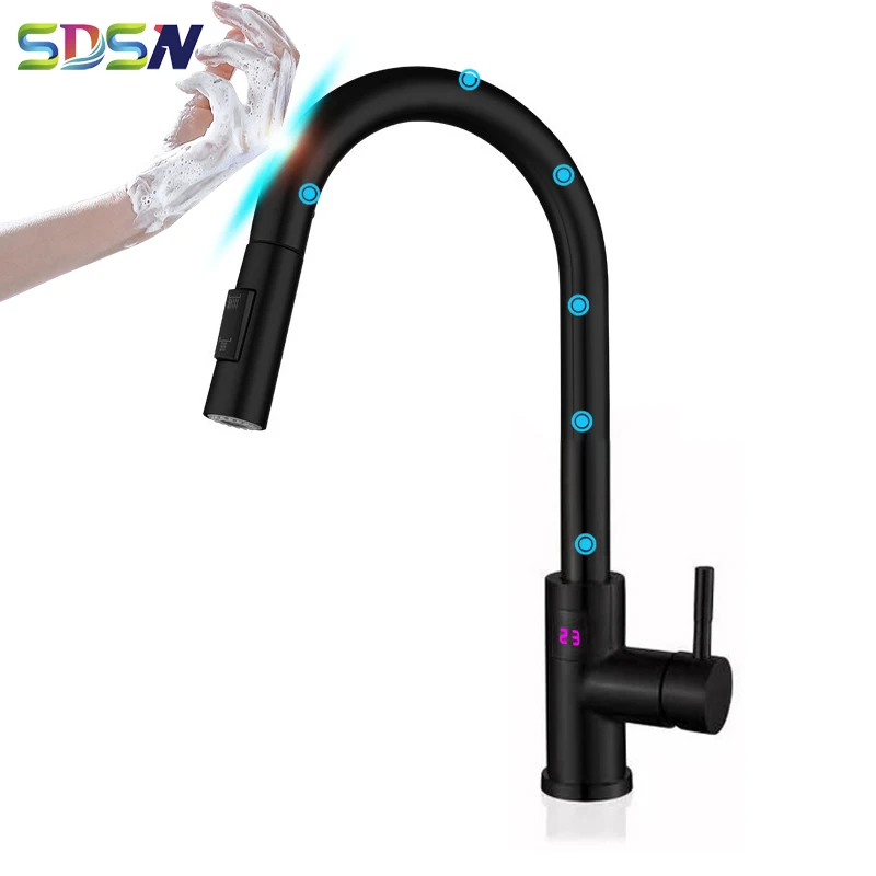 Black Touch Digital Kitchen Mixer Tap Hot Cold Pull Out Kitchen Sink Faucet 304 Stainless Steel Digital Touch Kitchen Faucets