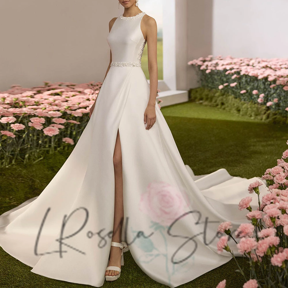 

LRosella Elegant Backless O-neck Flowers A Line Bridal Gown Sleeveless With Chapel Train Wedding Dress vestidos de novia 2025