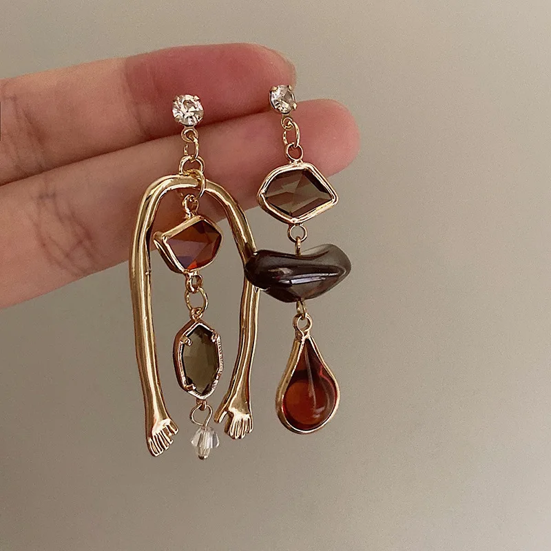 New Asymmetric Vintage Colorful Gem Natural Stone Drop Dangle Earring for Women Charm Temperament Stud Jewelry Accessories Gifts