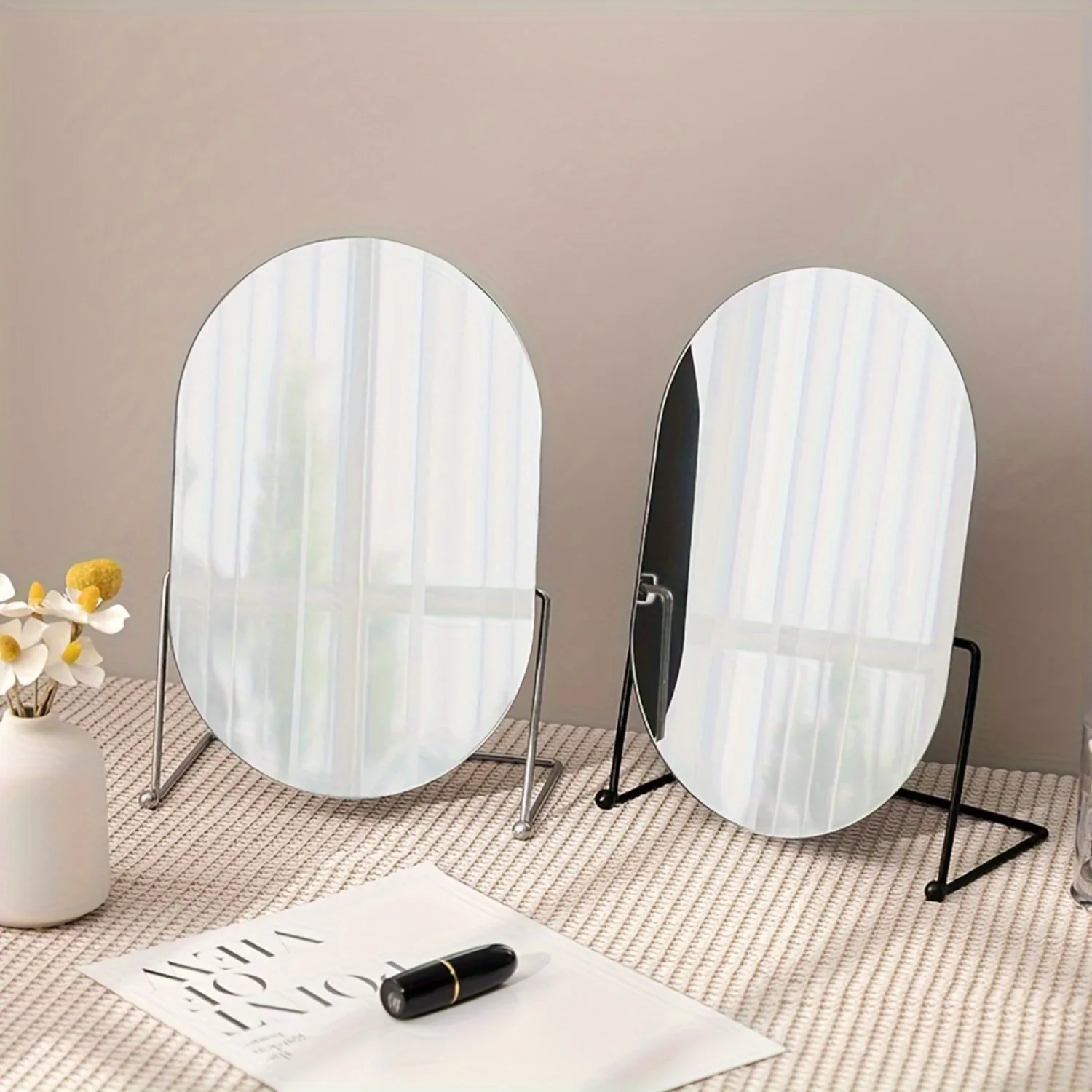 

1pc Cast Iron Desk Makeup Mirror, High-Definition Rotatable Oval Vanity Mirror, Simple Luxury Metal For Dorm And Bedroom Decor