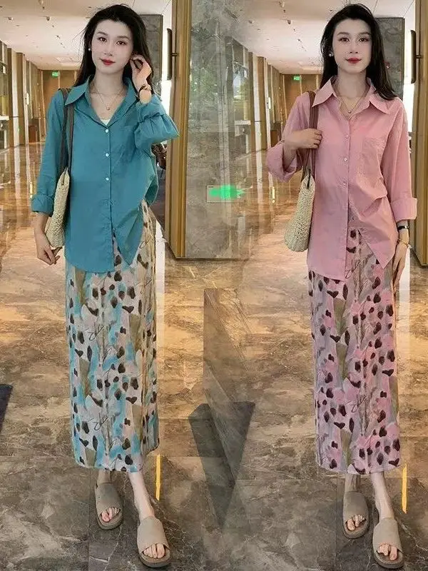 Elegant Long Sleeve Printed Shirt And High Waist Skirt Two Piece Set for Women Summer Fashion Outfit Slimming Effect