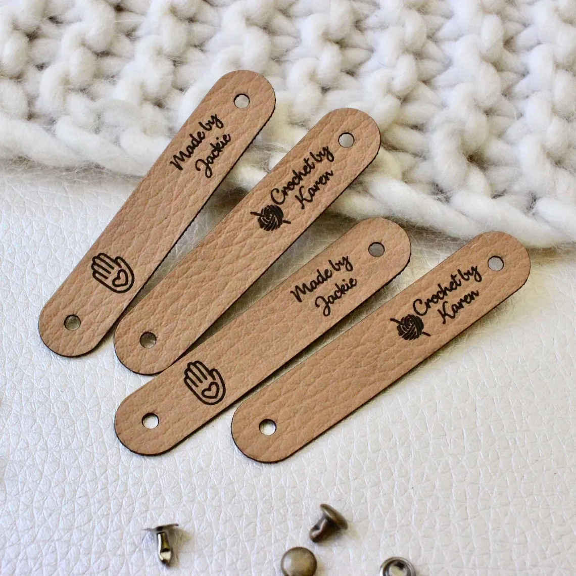 Custom tags for knits and crochet, faux leather labels for handmade items, leather tags with rivets, tags for knitted hats