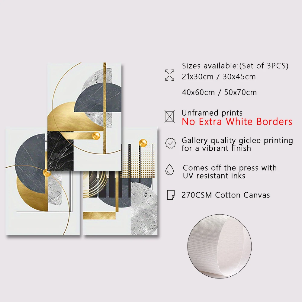 3PCS Abstract Golden Geometric Art Pattern Canvas Paintings Gold Foil Posters Modern Wall Pictures for Living Room Home Decor