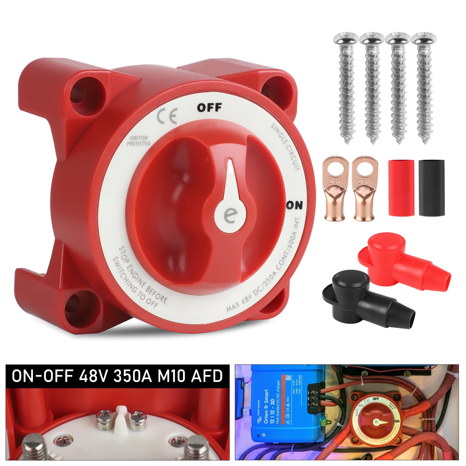 

For Camper RV Truck Boat Caravan 2 Position Stud M10 Battery Switch Kit Includes AFD 48V DC 350A e-Series On Off Battery Switch