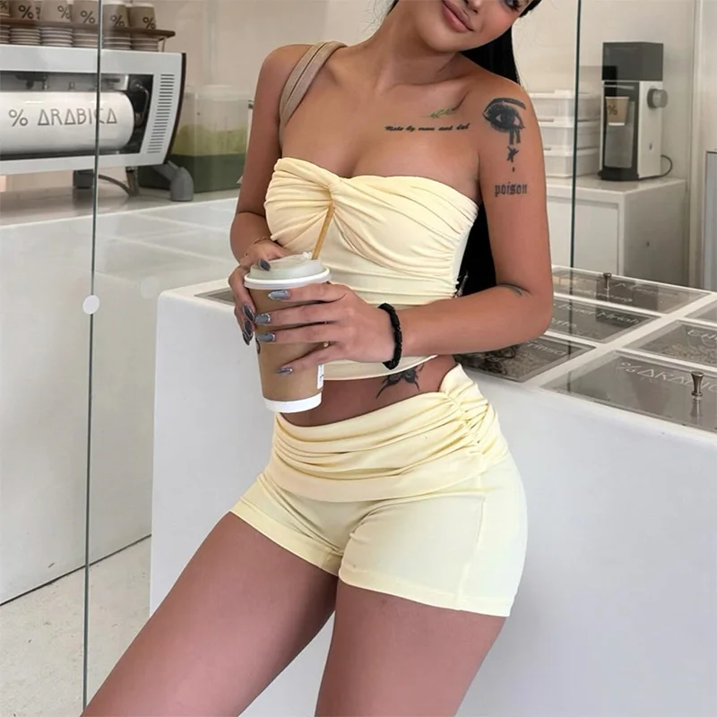 2026 Summer Women Y2K Casual Daily Solid Yellow Twist Front Strapless Ruched Crop Tube Top And High Waist Shorts Tank Top Sets view 5