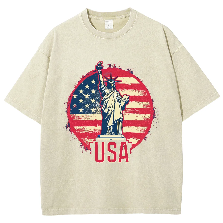 

USA American Statue Of Liberty Women's T-Shirt Loose Wash Oversized Short Sleeve Summer 2024 Fashion Simple Top