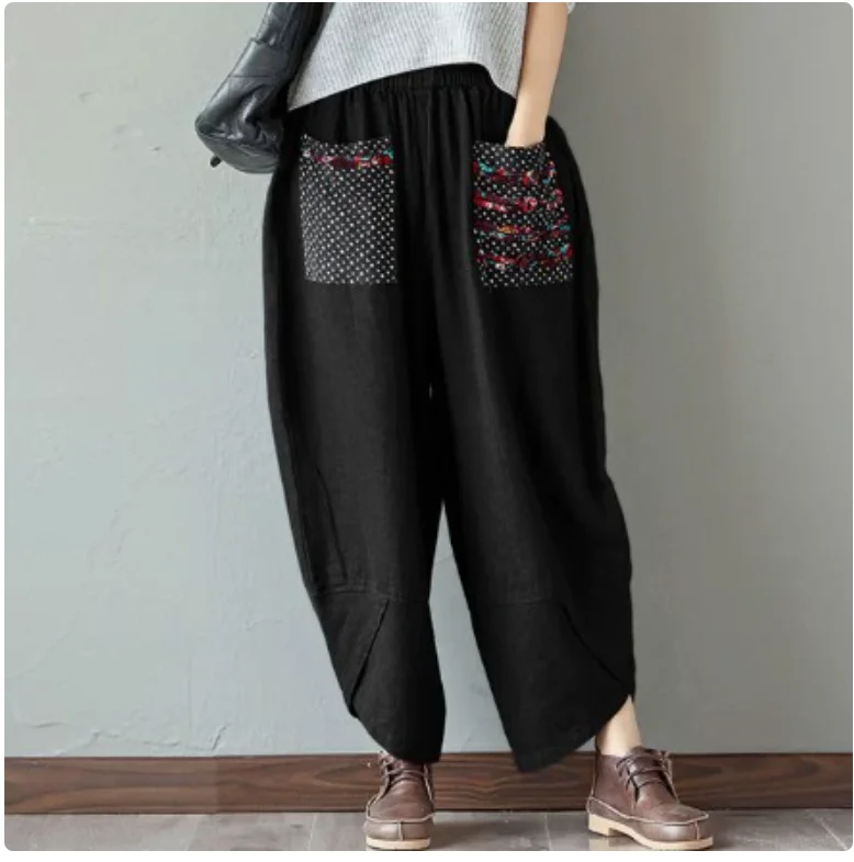 1pcs/lot  Summer Casual Loose Long Trouser Women Elastic Waist Retro Print Linen Cotton Harem Pants