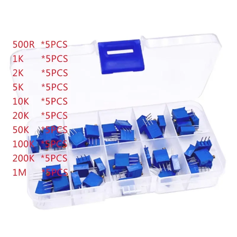 10 Kinds of 50pcs 3296W Multi-turn Precision Adjustable Resistor Trimmer Potentiometer ESC Kit 500R/1K/2K/5K/10K/20K/50K/100K/1M