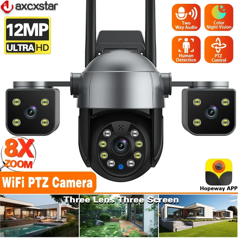 6K 12MP WiFi Surveillance IP Camera 3 Lens 3 Screens 8X Zoom AI Auto Tracking Outdoor Security CCTV Two-Way Audio PTZ IP Cameras