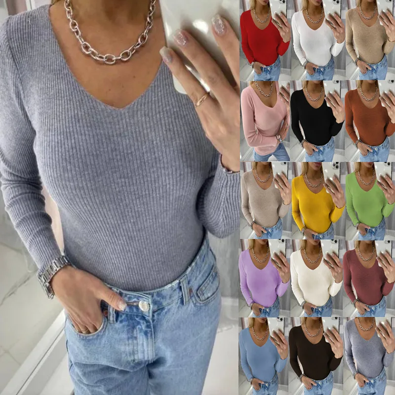 Top lavorati a maglia da donna 2025 Autunno/Inverno sottile maglione con scollo a V T-shirt Pull Jaune Pullover Damen Sweter Damski Вonnelsтаж ✔iyahaт zar