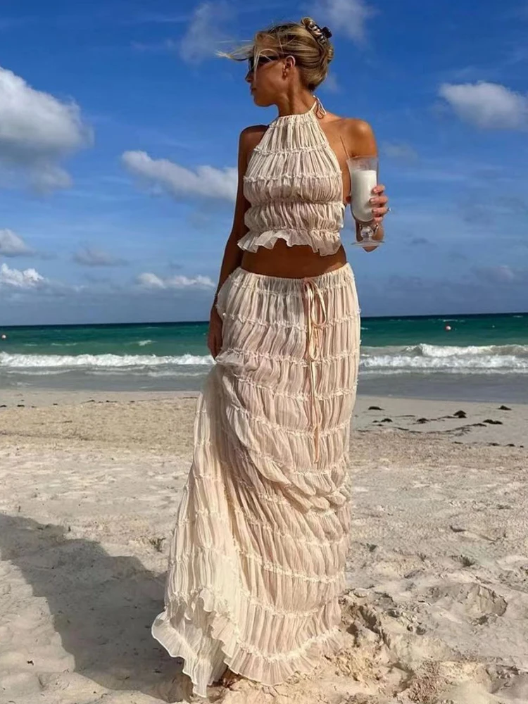 

Sexy Lace Trim Crop Top And Long Skirt Set with Hanging Ne Strap Design for Young Women Summer Faion Outfit Two Piece Set