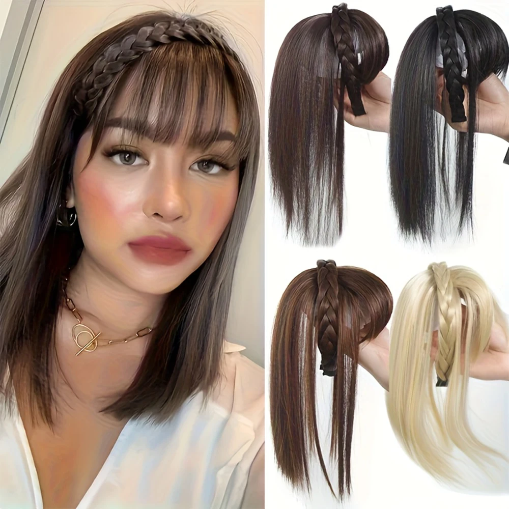 Natural Look Synthetic Straight Hair Extensions - Chic Braided Headband with Clip-In Hair Topper & Bangs for Women