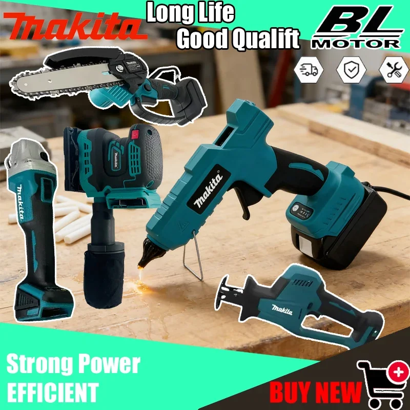 

Портативные аккумуляторные электроинструменты Makita различных моделей: трехдюймовая отрезная машина, 12-вольтовая мини-угловая шлифмашина, ножницы по металлу.