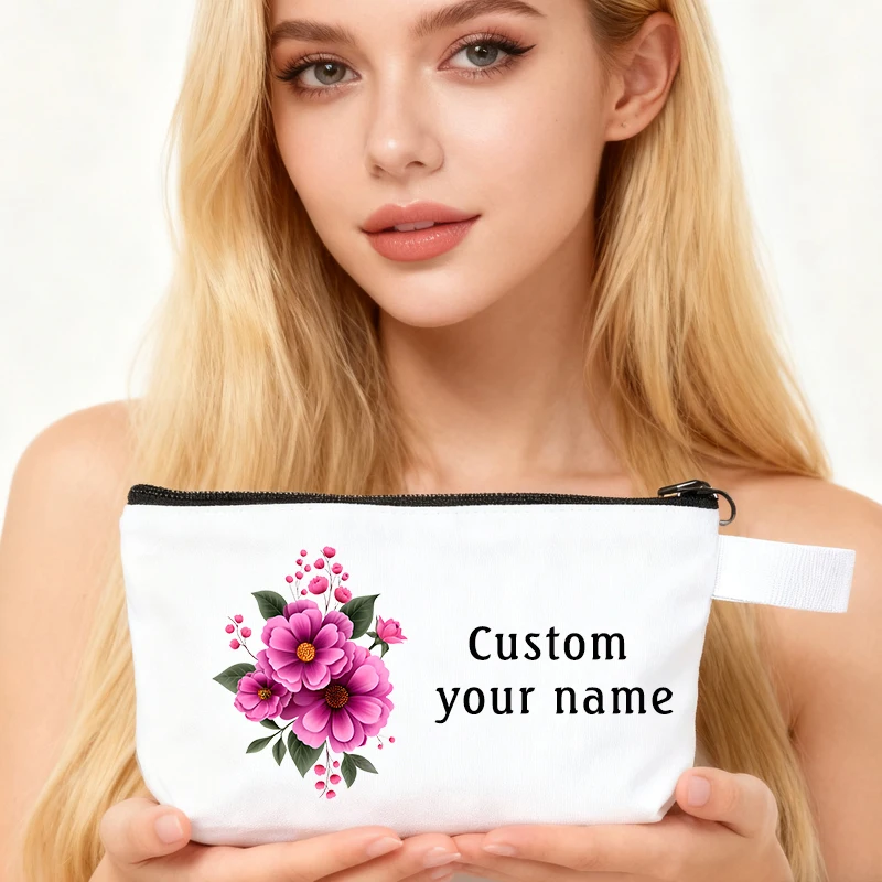 

Makeup Bag Custom Name Flower Storage Organizer Cosmetic Bag Travel Practical Accessories Pencil Cases Pouch Tote Bags Female