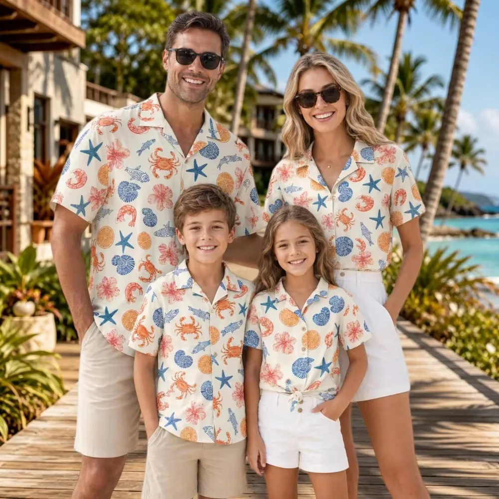 Tropical Beach Family Hawaiian Shirt Parent Child Tropical Hawaiian Shirt Quick Drying Sport Vacation Style Parent Child T-Shirt