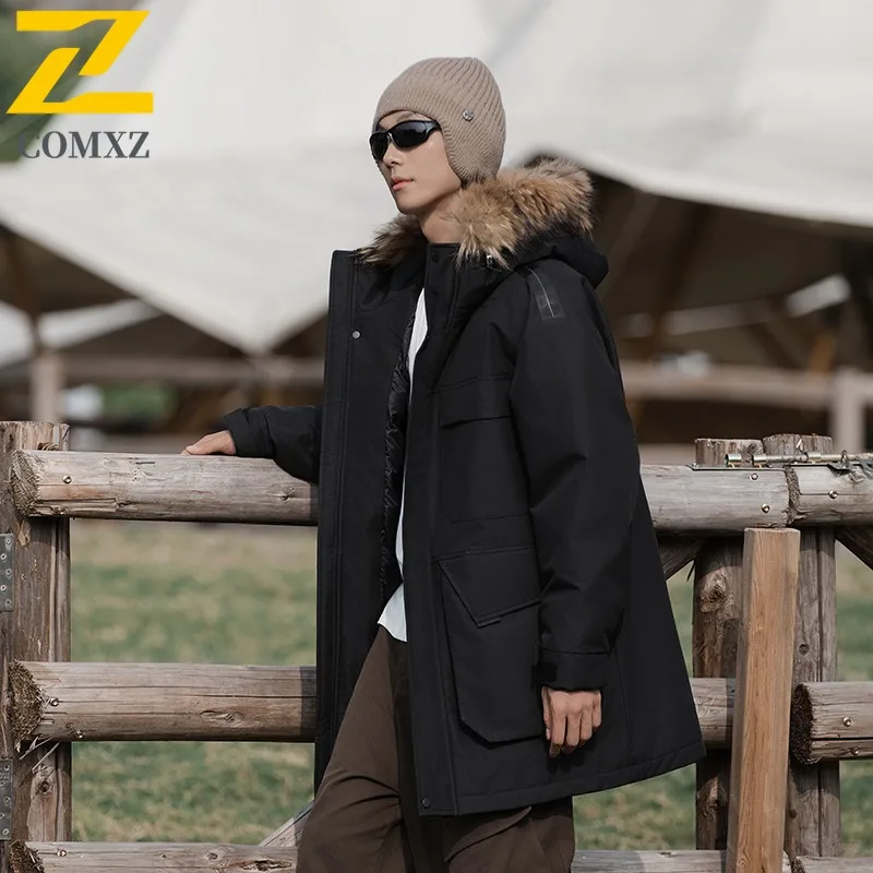 COMXZ Men Hardshell Puffer Jacket New Hooded Climbing Cold Protection Down Coat 90 Percent White Duck Down Windproof Autumn Coat