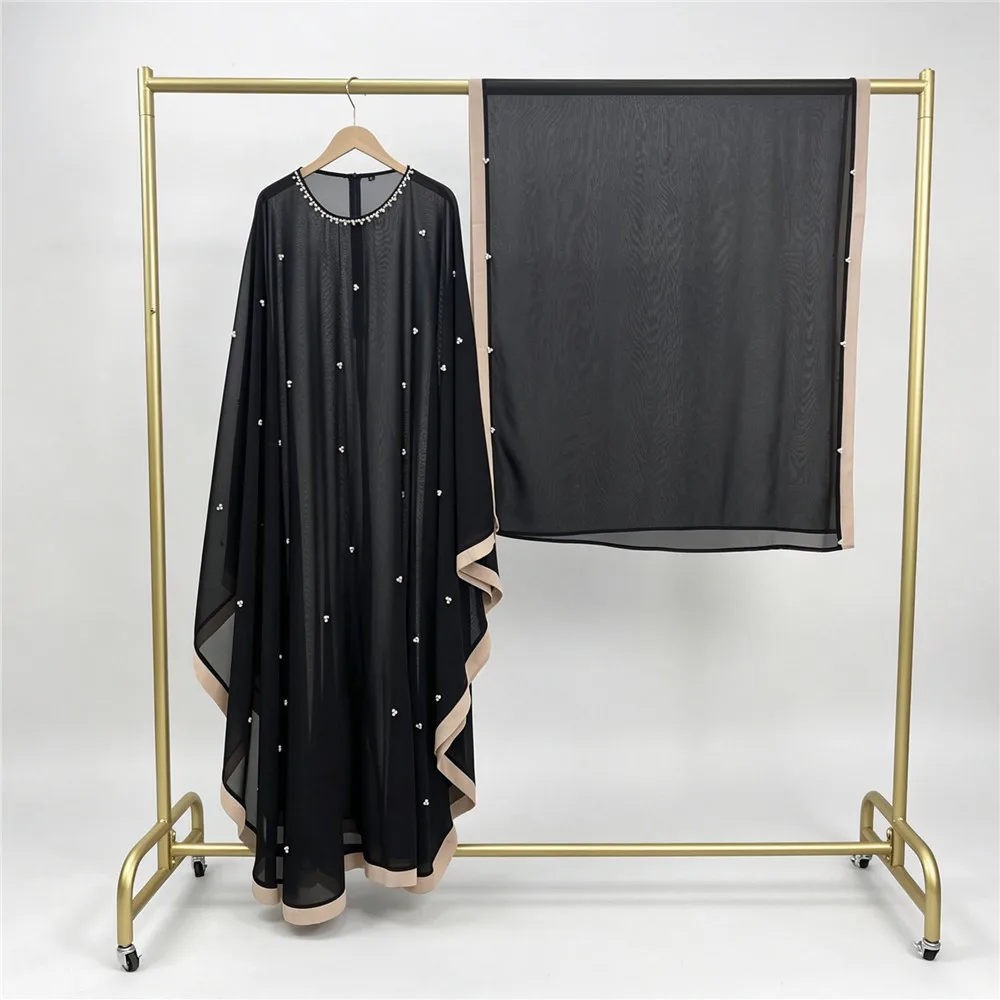Women Modest 2Pcs Set Beaded Chiffon Batwing Sleeve Maxi Dress With Matching Hijab Turkey Robe Modest Islamic Clothing Vestidos