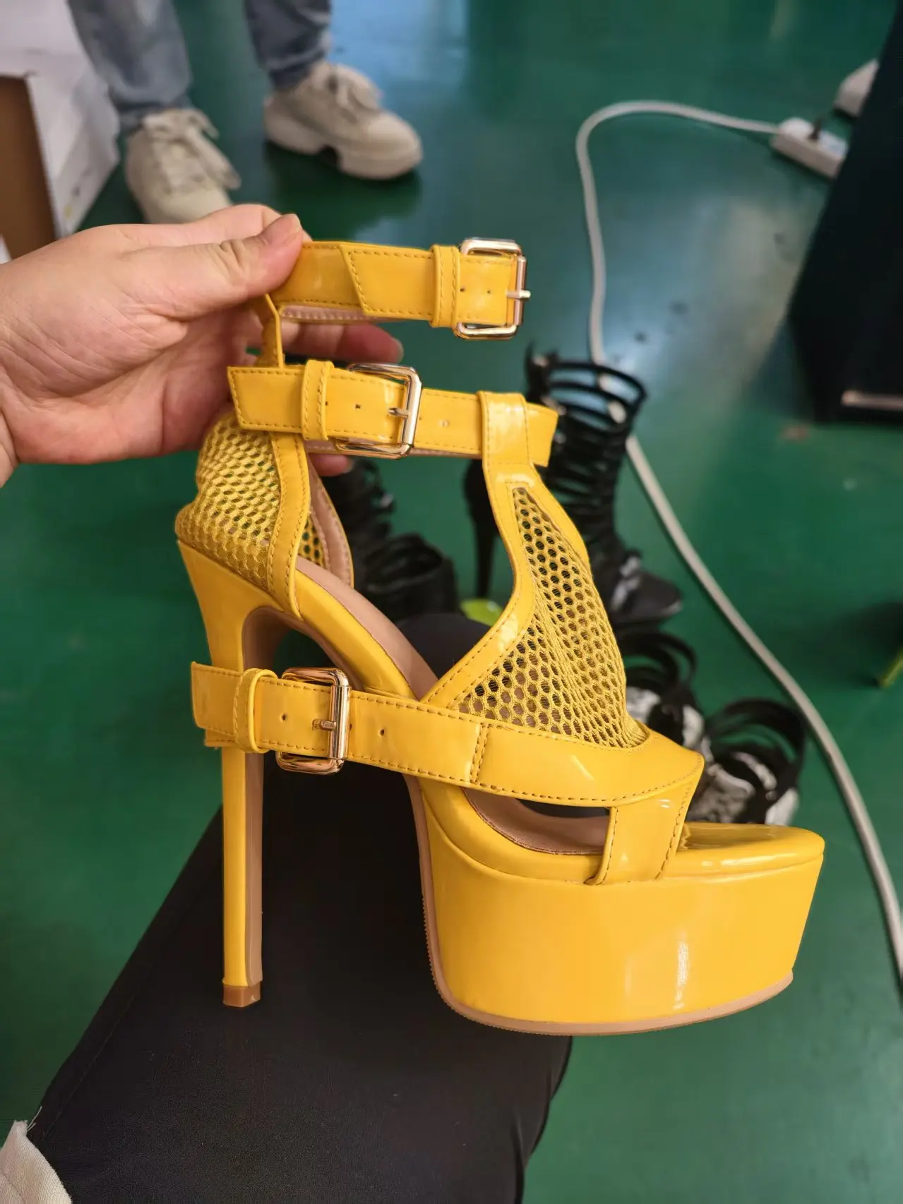 Women Yellow Patent Leather Mesh Platform Stiletto Heel Ankle Strap Sandals Pole Dance Clubwear Stage Performance Shoes 35-46