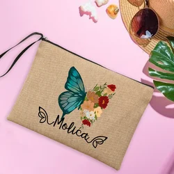 Nome personalizado saco de maquiagem personalizado borboleta viagem de linho sacos de embreagem óculos de sol praia das mulheres sacos de armazenamento protetor solar presentes