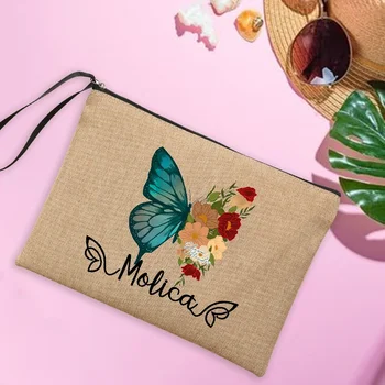 Custom Name Make-Up Tasche Personalisierte Schmetterling Reise Leinen Kupplung Taschen frauen Strand Sonnenbrille Sonnencreme Lagerung Beutel Geschenke