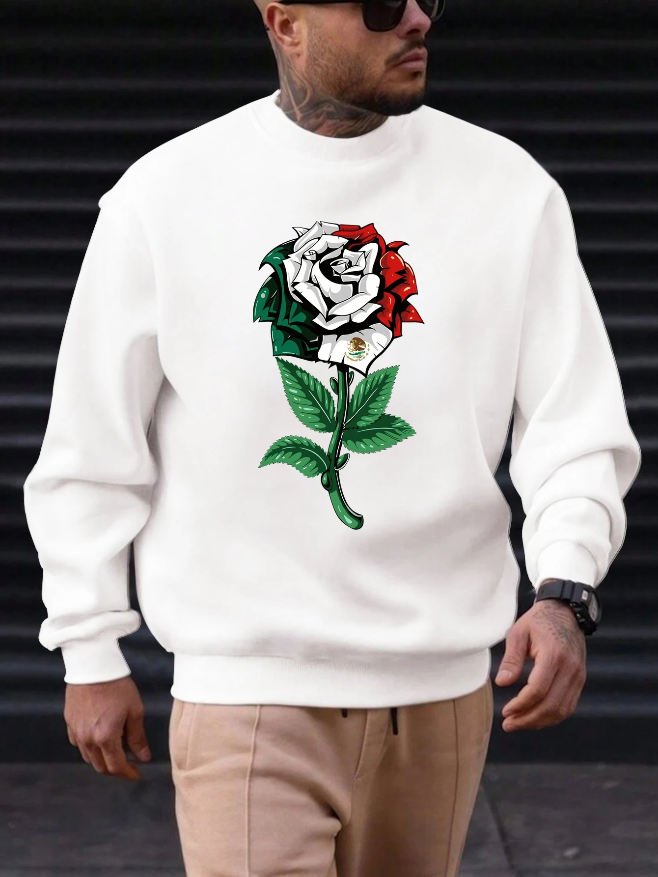 

2025 New Sweatshirt For Men's Rose Pattern Printing Cotton Round Neck Fashion Casual High Quality Daily Top Clothing