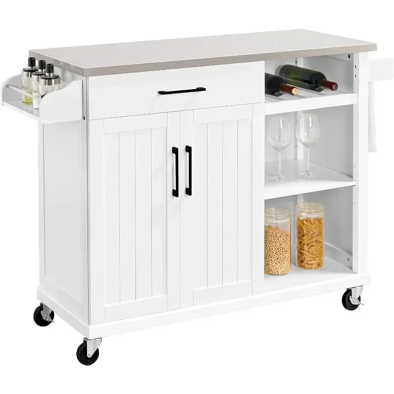 

LKitchen Cart With Stainless Steel Top And Storage Cabinet, Kitchen Island On Wheels With Drawer & Open Shelves & Wine
