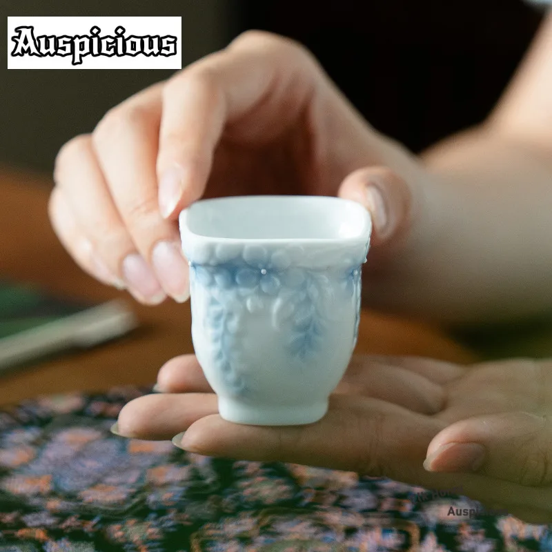 45ml Shadow Blue Relief Mop Flower Shadows Teacup Creative Tea Bowl Mug Tea-tasting Fragrance Cup Jianzhan Master Cups Cafes