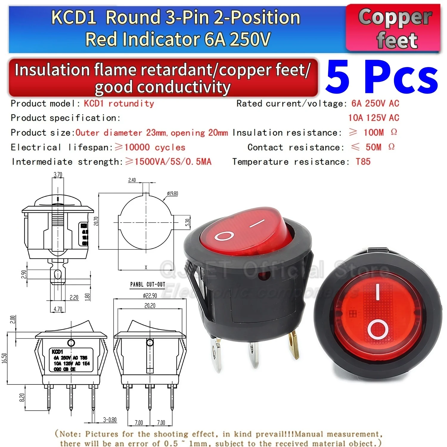 5 Stück KCD1 EIN-AUS-EIN 2/3/4-Pin 2/3-Positionen Einrastbarer 6A 220V Grüner Roter LED Runder Wippschalter für Haushalt DIY Ersatz – Detail 12