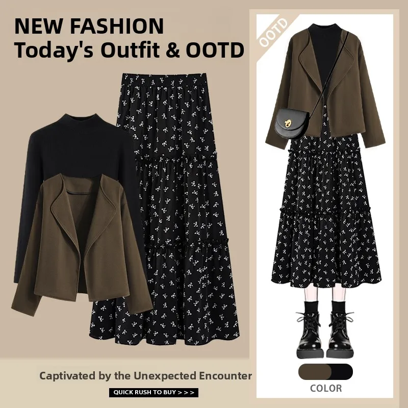 

Professional Commute Women's Fashion Set Autumn Winter New Style Outerwear Base Shirt Half Skirt Three Piece Set
