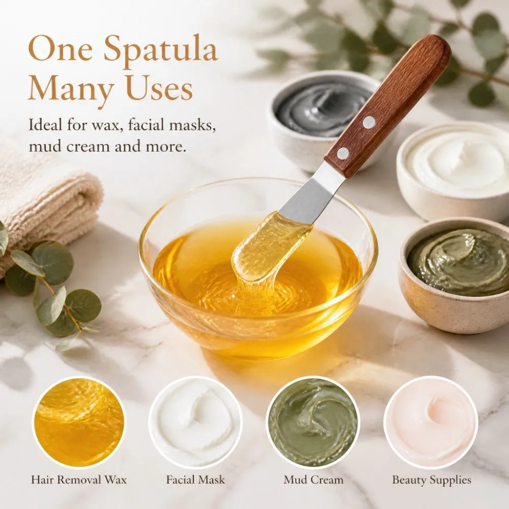 Stainless Steel Wax Spatula Wooden Handle Reusable Facial Mask Applicator Brown Easy Clean Wax Applicator Stick Facial Care