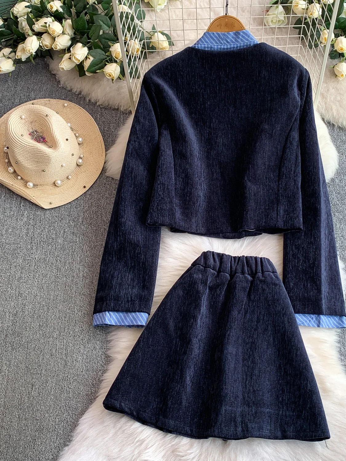 Ele عقدة معطف عالية الخصر ألف خط تنورة مجموعة مخطط الربط التخسيس المرأة Faion فرقة الخريف ارتداء