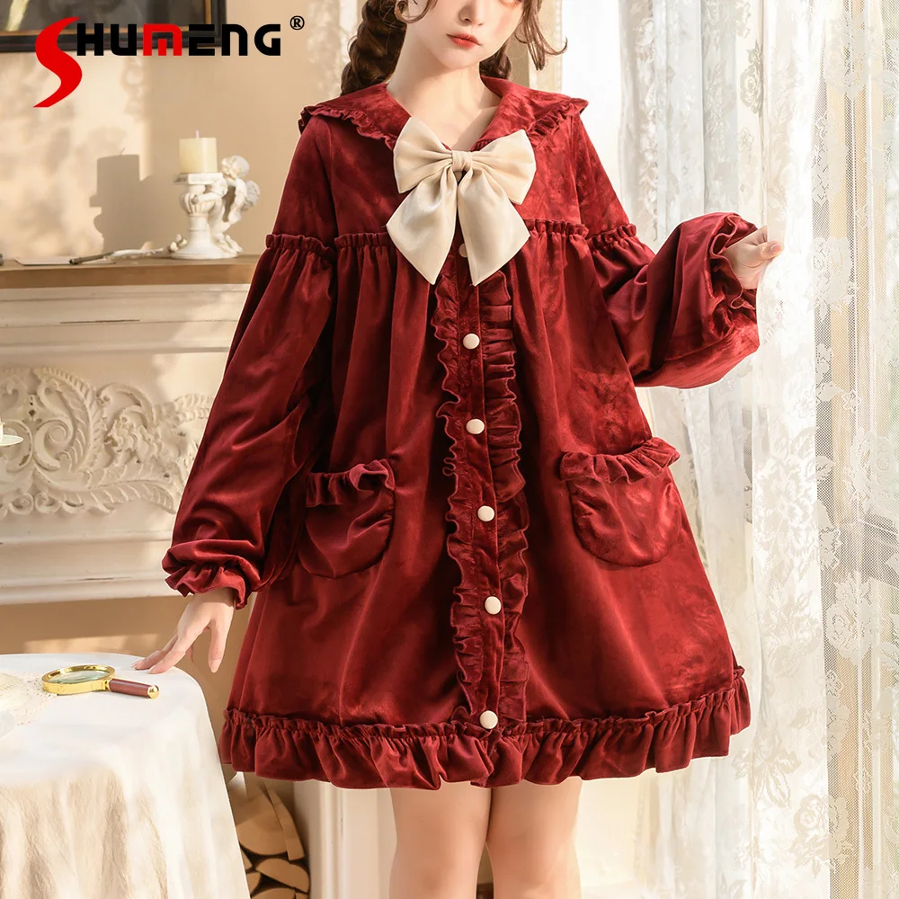 Original Lolita Cloak Type Woolen Coat Autumn and Winter Women\'s Cute Girl All-Matching Solid Color Doll Collar Mid-length Coats