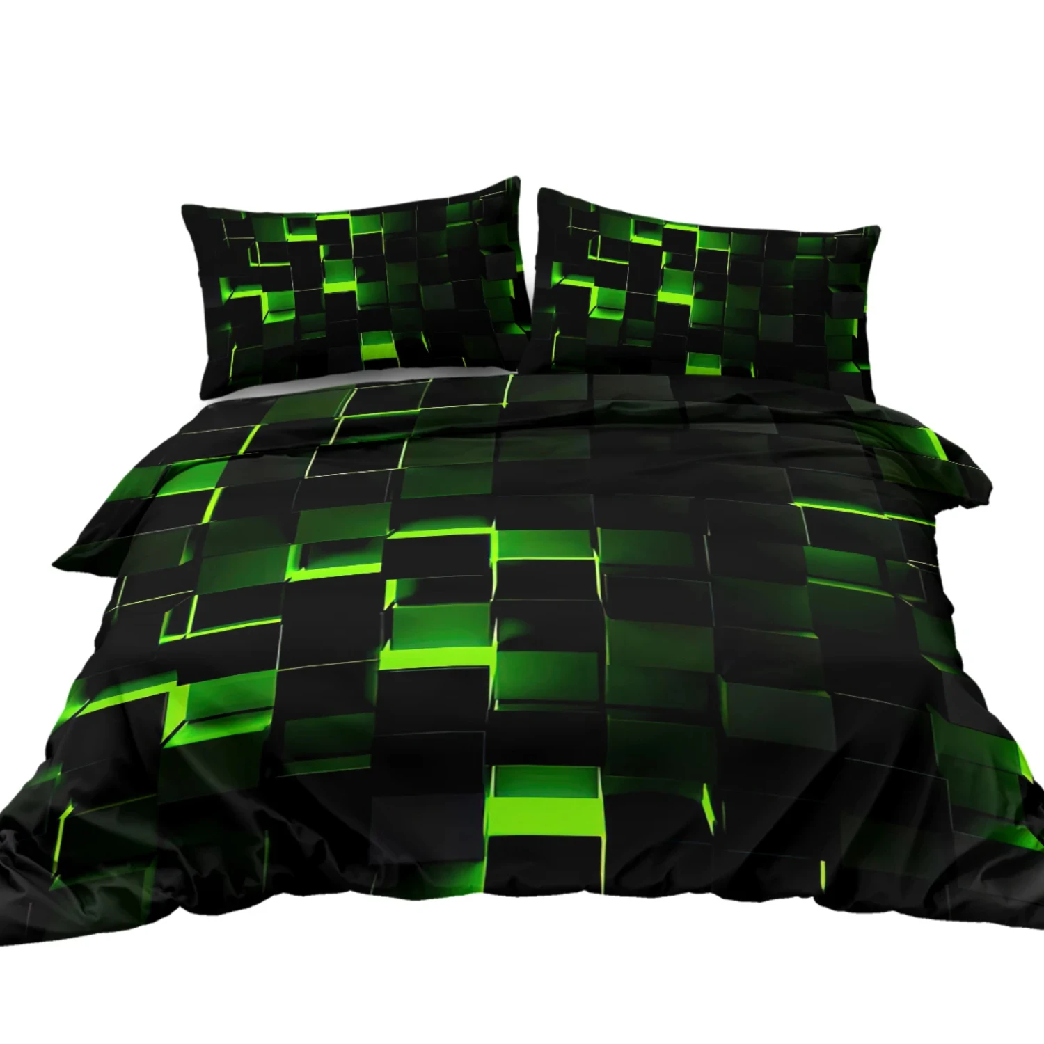 Green Black Abstract Geometric Style Digital Dimensional Square Shaped Cubes Comforter Cover Set - 3 PCS Bedding Set Lankybox