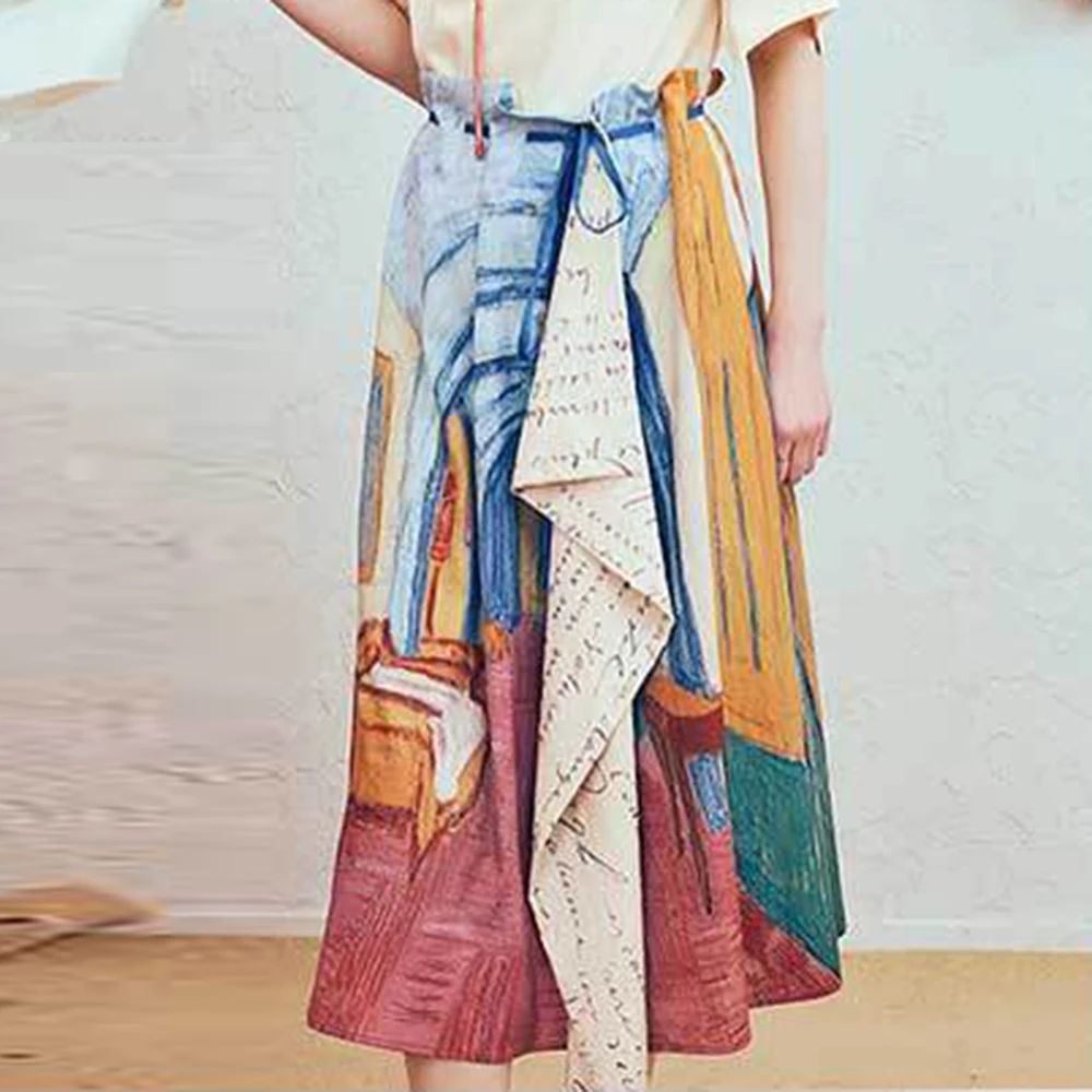 Van Gogh skirt 2025 summer new retro printing irregular art gallery female students slim and thin