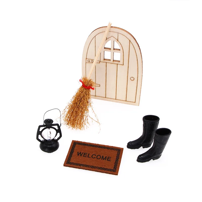 1Set Christmas Miniature Wooden Elf Magical Door Kit Fairy Gnome Garden Door Xmas Craft Set For Festival Deco